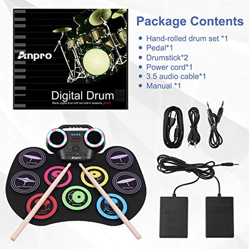 Anpro Kits de Batería Electrónica, Bateria Musical con 9 Almohadillas de Batería, Batería Musical para Niños Pantalla LED a Color