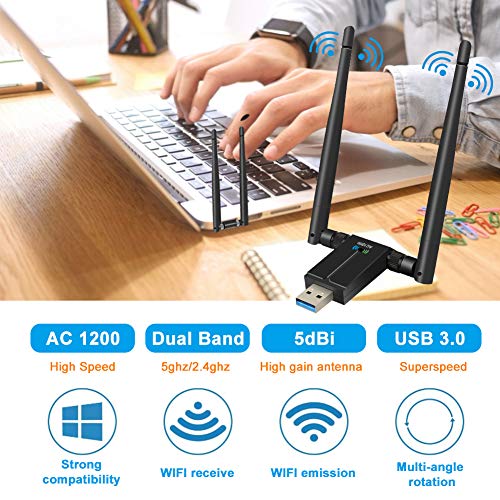 AQOTER Adaptador WiFi de 1200Mbps USB 3.0 de Doble Banda, 2.4GHz 5.8GHz Dongle WiFi con 2X 5dBiAntenas WiFi de Alta Ganancia para PC Portátil de Windows XP/Vista/ 7/8/10 Mac OSX/Linux