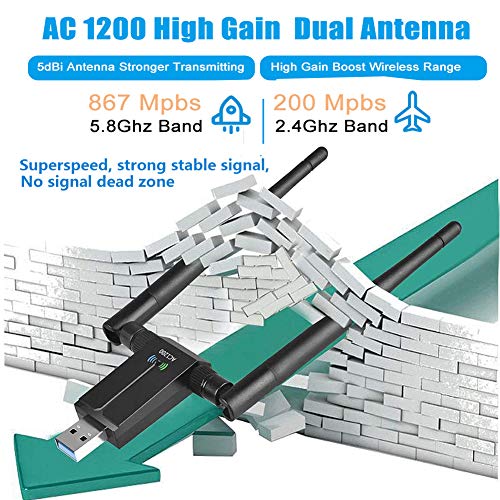 AQOTER Adaptador WiFi de 1200Mbps USB 3.0 de Doble Banda, 2.4GHz 5.8GHz Dongle WiFi con 2X 5dBiAntenas WiFi de Alta Ganancia para PC Portátil de Windows XP/Vista/ 7/8/10 Mac OSX/Linux