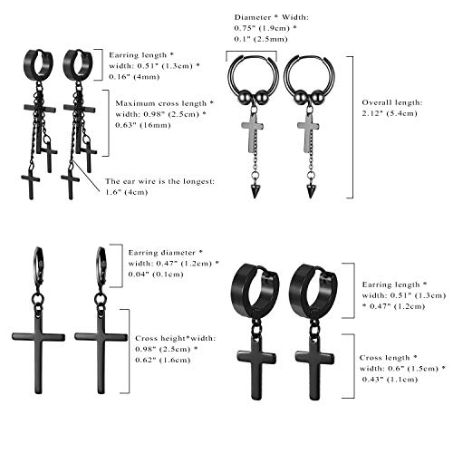 Aroncent Pendientes de Cruz de Acero Inoxidable para Hombre Mujer Unisex Aretes de Borla de La Cruz Negro de Gótico Steam Punk Moda Diseño Anti Alergía Decoración de Oreja 8 Piezas 4 Pares Conjuntos