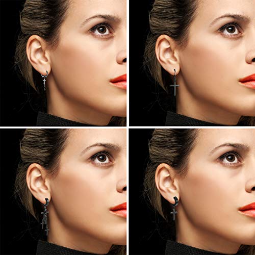 Aroncent Pendientes de Cruz de Acero Inoxidable para Hombre Mujer Unisex Aretes de Borla de La Cruz Negro de Gótico Steam Punk Moda Diseño Anti Alergía Decoración de Oreja 8 Piezas 4 Pares Conjuntos