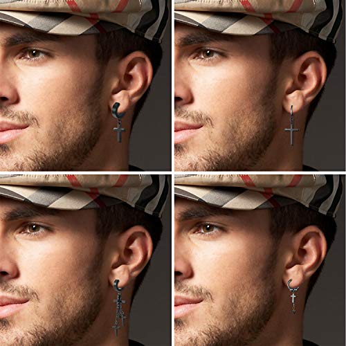 Aroncent Pendientes de Cruz de Acero Inoxidable para Hombre Mujer Unisex Aretes de Borla de La Cruz Negro de Gótico Steam Punk Moda Diseño Anti Alergía Decoración de Oreja 8 Piezas 4 Pares Conjuntos