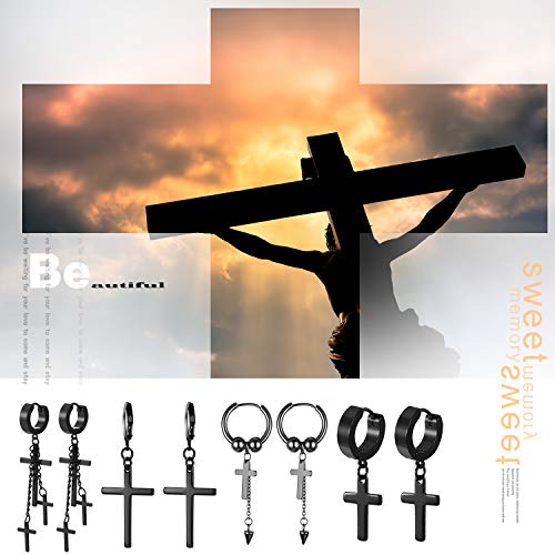 Aroncent Pendientes de Cruz de Acero Inoxidable para Hombre Mujer Unisex Aretes de Borla de La Cruz Negro de Gótico Steam Punk Moda Diseño Anti Alergía Decoración de Oreja 8 Piezas 4 Pares Conjuntos