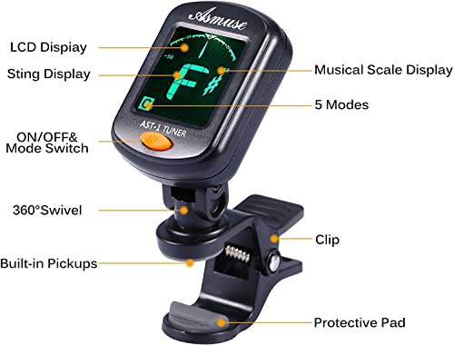 Asmuse Afinador de Guitarra, Violín, Ukelele, Bajo Eléctrico, Apagado Automático, Sintonizador Cromático Universal con 3 Selecciones de Alice Pantalla LCD 360 ° Batería Incluida