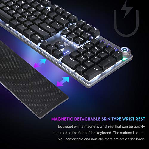 AULA F2088 Teclado Juegos Mecánico, con Reposamuñecas, Botón Multimedia, iluminacion Rainbow RGB, 104-Teclas Anti-Ghosting Programables USB Teclados Gamers para PC, QWERTY Layout (Switch Negro, Negro)