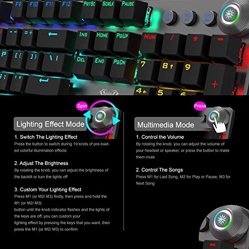 AULA F2088 Teclado Juegos Mecánico, con Reposamuñecas, Botón Multimedia, iluminacion Rainbow RGB, 104-Teclas Anti-Ghosting Programables USB Teclados Gamers para PC, QWERTY Layout (Switch Negro, Negro)
