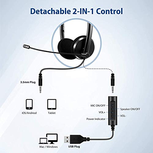 Auriculares con Microfono PC, Auriculares USB / 3.5mm Cancelación de Ruido & Sonido Estéreo Claro Cascos Business con Control de Volumen para Skype, Centros de Llamadas, Cursos Online, Teléfono, PC