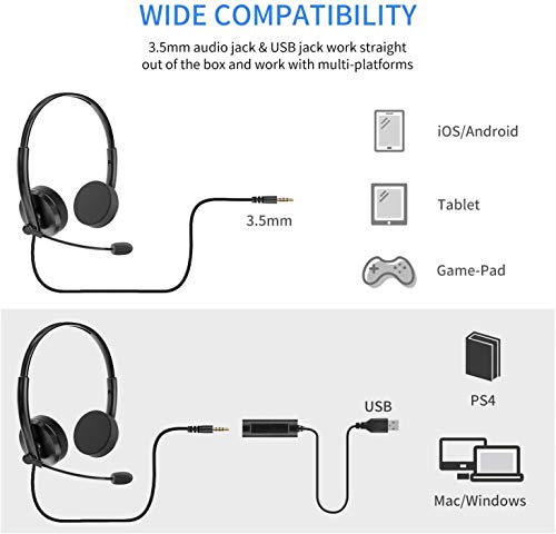 Auriculares con Microfono PC, Auriculares USB / 3.5mm Cancelación de Ruido & Sonido Estéreo Claro Cascos Business con Control de Volumen para Skype, Centros de Llamadas, Cursos Online, Teléfono, PC