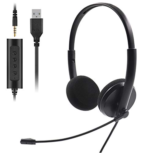 Auriculares con Microfono PC, Auriculares USB / 3.5mm Cancelación de Ruido & Sonido Estéreo Claro Cascos Business con Control de Volumen para Skype, Centros de Llamadas, Cursos Online, Teléfono, PC