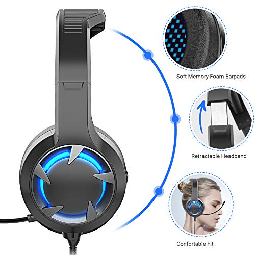 Auriculares Gaming para Xbox One PS4,Cascos Gaming Portátiles y Cancelación de Ruido con Luz LED Colocar,con Micrófono Flexible,Gaming Headset con Conector de 3,5 mm para PC/Nintendo Switch/Mac(Negro)