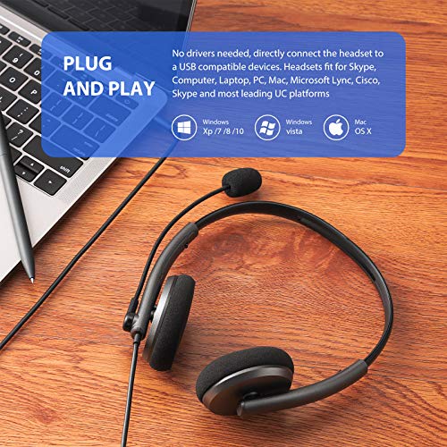 Auriculares para ordenador PC USB con Micrófono Cancelación de Ruido y Control en Línea, Cascos PC con Cable para Ordenador, Business, Cursos Online, Conversación Clara, Ligero y Cómodo