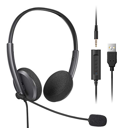 Auriculares para ordenador PC USB con Micrófono Cancelación de Ruido y Control en Línea, Cascos PC con Cable para Ordenador, Business, Cursos Online, Conversación Clara, Ligero y Cómodo