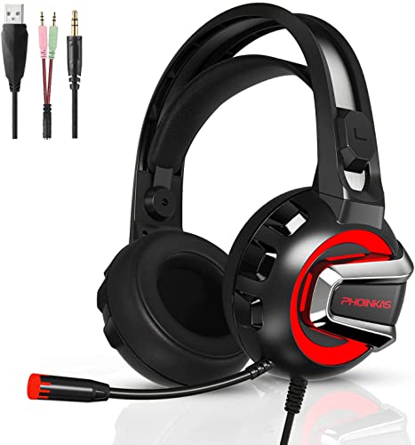 Auriculares para Videojuegos, YOTMS H4 7.1 Estéreo Cascos Gaming con Micrófono y Cable para PS4, PS5, Switch, PC, Xbox One, Móvil, Mac Ajustable Headset con luz LED Controlador de 50mm, Rojo