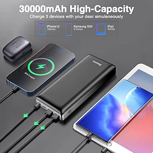 Baseus Batería Externa Movil 30000mAh, Cargador Portátil de Carga Rápida Power Bank USB C para iPhone 13/11/12 Pro MAX, iPad, Compatible con Samsung, Huawei y más, Negro