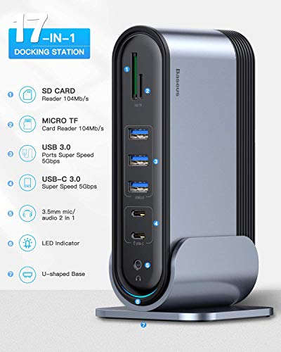 Baseus Docking Station, Estación de Acoplamiento Universal Multifuncional de Triple Pantalla con 3 HDMI 4K, Audio, Gigabit Ethernet, 5 USB, 100W PD, SD/TF, para portátiles Windows y MacOS con USB-C