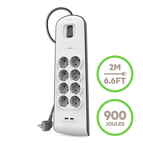 Belkin BSV804 SurgeStrip - Tira de protección contra sobretensiones de 8 vías con conexiones USB (2.4 A) blanco