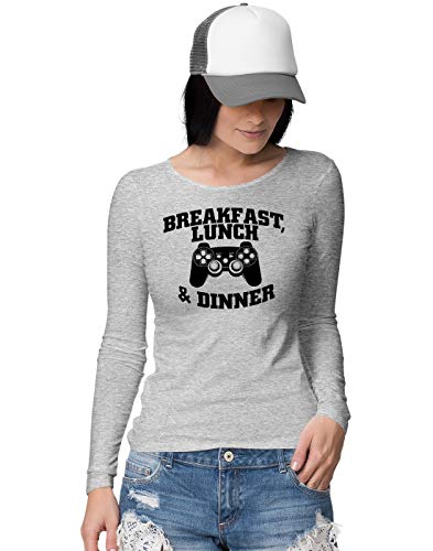 BLAK TEE Mejur Breakfast Lunch and Dinner Gamer Slogan Motivation PS Controller Camisa De Manga Larga S