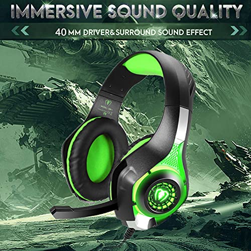 BlueFire Cascos Gaming, Auriculares Gaming PS4 con Micrófono Mac Estéreo Juego Gaming Jack 3,5mm LED Bajo Ruido Compatible con PC/Xbox One/Móvil (Verde)