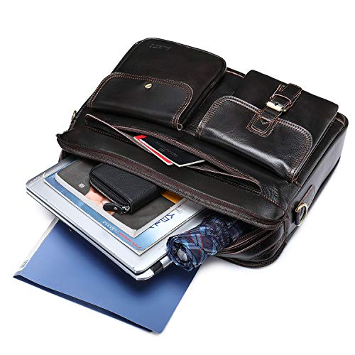 Bolso Mensajero Cuero Maletín Negocios Bolso Hombre Bandolera para Portátil 14 Pulgadas Bolso Negocios Grande Piel para Hombre y Mujer,Marron Oscuro