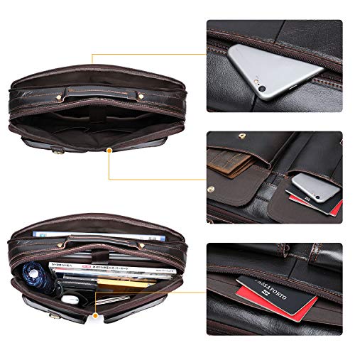 Bolso Mensajero Cuero Maletín Negocios Bolso Hombre Bandolera para Portátil 14 Pulgadas Bolso Negocios Grande Piel para Hombre y Mujer,Marron Oscuro