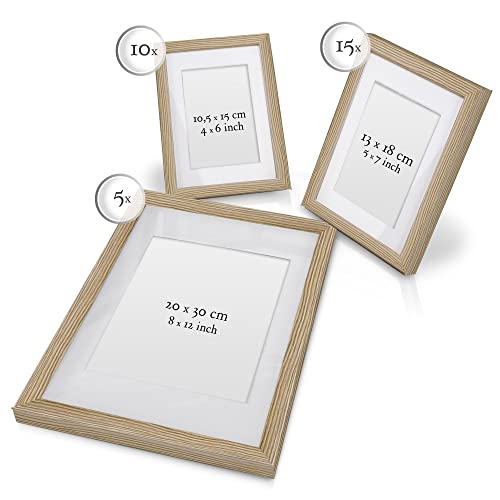 bomoe Juego de Marcos de Fotos múltiples para la Pared Collage Emotion - 30 Piezas - con paspartú - 10x 10,5x15cm / 15x 13x18cm / 5X 20x30cm Roble