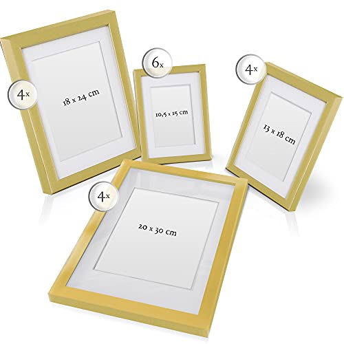 bomoe Juego de Marcos de Fotos múltiples para la Pared Collage Passion - 18 Piezas - con paspartú - Dorado - 6X 10,5x15cm / 4X 13x18cm / 4X 18x24cm / 4X 20x30cm