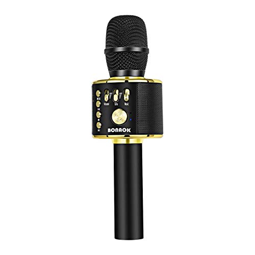 BONAOK Wireless Bluetooth Karaoke Microphone, 3-in-1 Portable Handheld karaoke Mic Birthday Gift Home Party Speaker Machine for iPhone/Android/iPad/Sony, PC Smartphone (Q37 Black Gold)