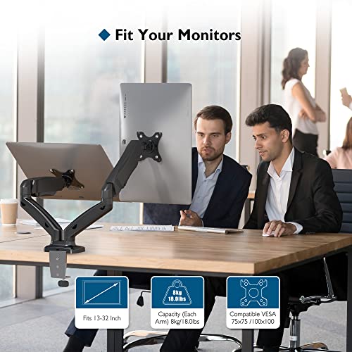 BONTEC Soporte Monitor Doble, Brazo de Resorte de Presión de Gas, Inclinación de + 90°/ -45°, Giro de 360°y Rotación de 360°para Pantallas de 13-32 Pulgada, 2 Opciones de Montaje, VESA 75x75 y 100x100