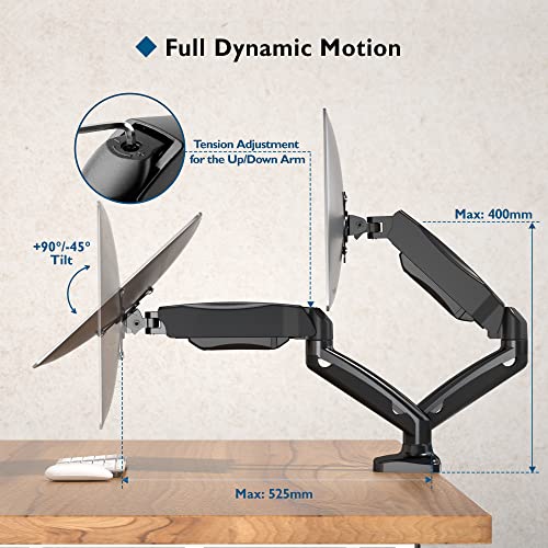 BONTEC Soporte Monitor Doble, Brazo de Resorte de Presión de Gas, Inclinación de + 90°/ -45°, Giro de 360°y Rotación de 360°para Pantallas de 13-32 Pulgada, 2 Opciones de Montaje, VESA 75x75 y 100x100