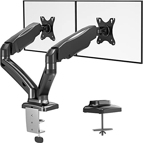 BONTEC Soporte Monitor Doble, Brazo de Resorte de Presión de Gas, Inclinación de + 90°/ -45°, Giro de 360°y Rotación de 360°para Pantallas de 13-32 Pulgada, 2 Opciones de Montaje, VESA 75x75 y 100x100