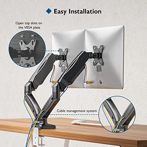 BONTEC Soporte Monitor Doble, Brazo de Resorte de Presión de Gas, Inclinación de + 90°/ -45°, Giro de 360°y Rotación de 360°para Pantallas de 13-32 Pulgada, 2 Opciones de Montaje, VESA 75x75 y 100x100