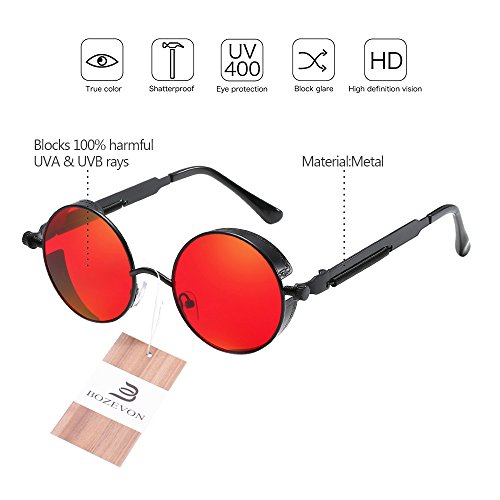 BOZEVON Punk Gafas de sol Redondas - Gafas de sol Retro Clásicas de Ciclismo de Metal Para Mujeres y Hombres Negro-Rojo