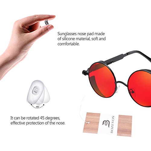 BOZEVON Punk Gafas de sol Redondas - Gafas de sol Retro Clásicas de Ciclismo de Metal Para Mujeres y Hombres Negro-Rojo