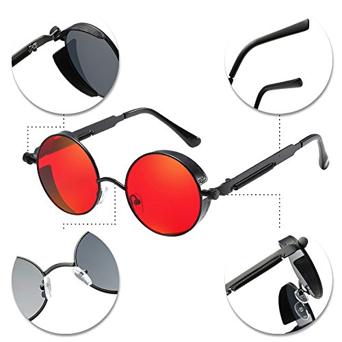 BOZEVON Punk Gafas de sol Redondas - Gafas de sol Retro Clásicas de Ciclismo de Metal Para Mujeres y Hombres Negro-Rojo