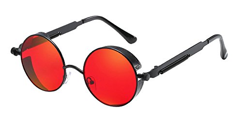BOZEVON Punk Gafas de sol Redondas - Gafas de sol Retro Clásicas de Ciclismo de Metal Para Mujeres y Hombres Negro-Rojo