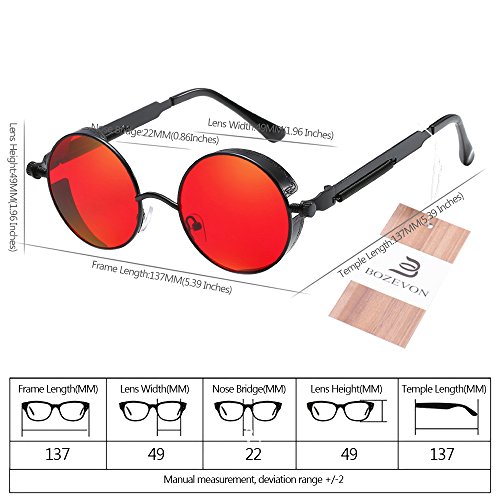 BOZEVON Punk Gafas de sol Redondas - Gafas de sol Retro Clásicas de Ciclismo de Metal Para Mujeres y Hombres Negro-Rojo