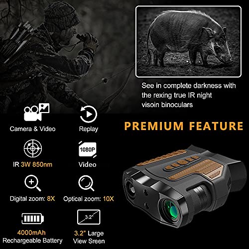 Braveking1 Prismáticos de Visión Nocturna, 8X Digital Zoom HD Infrarrojo Caza Binoculares con 4000mAh Batería Incorporada, Tomar Fotos/Videopara la Seguridad del de Caza de Adultos, 32GB Tarjeta