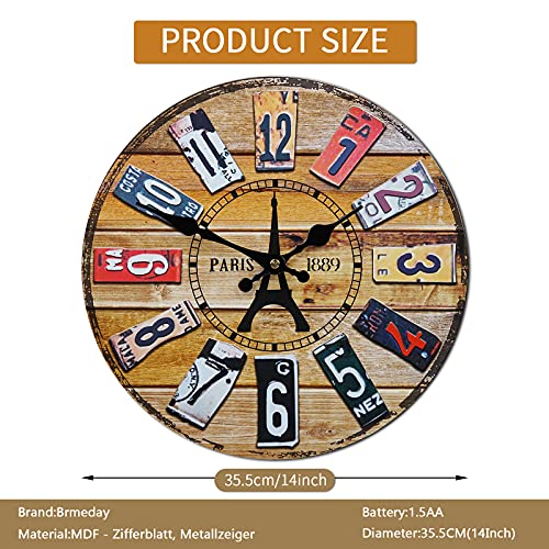 Brmeday Reloj De Pared De Madera, 35cm/14 Pulgadas, Reloj De Pared Grande, Sin Ruido De Tictac, Reloj De Pared Moderno, Vintage, Reloj De Pared Para Salón, Cocina, Dormitorio, Habitación De Los Niños