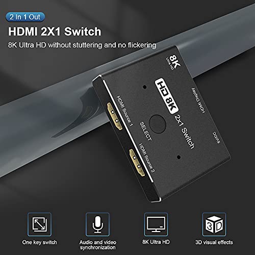 CABLEDECONN HDMI 2.1 Ultra HD 8K High Speed 48Gbps Directional Switch Only 2in 1out 8K@60Hz 4K@120Hz Splitter Converter Compatible with Xbox PS5 Projectors Monitors
