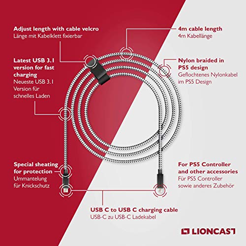 Cargador Mando de Carga Rápida 2 Cables para PS5 USB Tipo C 4 metros Lioncast para Sony PlayStation 5 | USB Cable Tipo C Mando Ps5 Dual Sense | Cable Cargador PS5 Nylon Trenzado