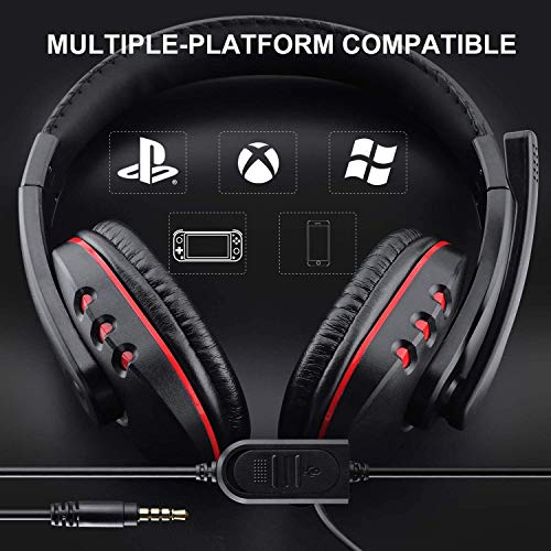 Cascos Gaming PS4, Gezimetie Auriculares Gaming PS4 PC con Microfono Diadema, Cascos Gamer Headset Estéreo con Orejeras Cómodas,Gaming Headset con Control de Volumen para Xbox One Switch Tableta