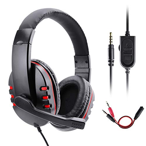 Cascos Gaming PS4, Gezimetie Auriculares Gaming PS4 PC con Microfono Diadema, Cascos Gamer Headset Estéreo con Orejeras Cómodas,Gaming Headset con Control de Volumen para Xbox One Switch Tableta