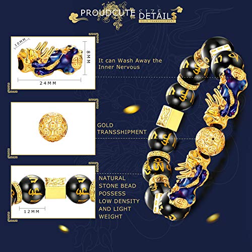 CASSIECA Juego de 4 Collares Pulseras Obsidiana Negra Feng Shui Pulseras Ajustables Feng Shui Pi Xiu Pulseras de Buena Suerte Pulseras de Cuentas de Mantra Collares Pulsera de Riqueza con Cuentas