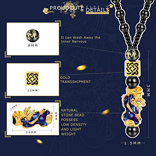 CASSIECA Juego de 4 Collares Pulseras Obsidiana Negra Feng Shui Pulseras Ajustables Feng Shui Pi Xiu Pulseras de Buena Suerte Pulseras de Cuentas de Mantra Collares Pulsera de Riqueza con Cuentas