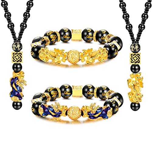 CASSIECA Juego de 4 Collares Pulseras Obsidiana Negra Feng Shui Pulseras Ajustables Feng Shui Pi Xiu Pulseras de Buena Suerte Pulseras de Cuentas de Mantra Collares Pulsera de Riqueza con Cuentas