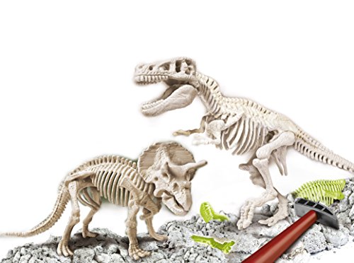 Clementoni-55054 - Arqueojugando T-Rex y Triceratops fosforescente - juego científico para excavar y montar dinosaurios a partir de 7 años