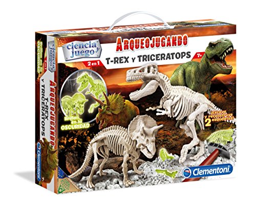 Clementoni-55054 - Arqueojugando T-Rex y Triceratops fosforescente - juego científico para excavar y montar dinosaurios a partir de 7 años