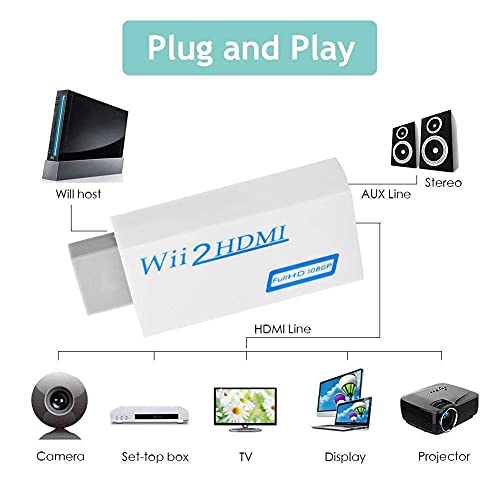 Convertidor Wii 2 a HDMI portátil, 720p / 1080P Salida de Alta Definición Adaptador de Audio y Video Plug & Play para Computadora Altavoz / Auricular