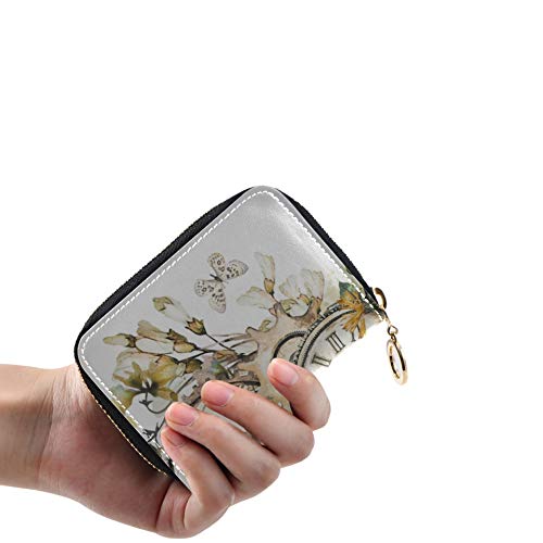 CreditCardHolderCase Steam Punk Acuarela Ilustración Flores Silvestres Llaves CardMoneyHolder Cuero PU Zip-Around Tamaño Compacto MiniCreditCardMonedero para Mujeres Damas niñas Cartera Minimalista