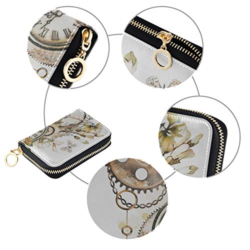 CreditCardHolderCase Steam Punk Acuarela Ilustración Flores Silvestres Llaves CardMoneyHolder Cuero PU Zip-Around Tamaño Compacto MiniCreditCardMonedero para Mujeres Damas niñas Cartera Minimalista